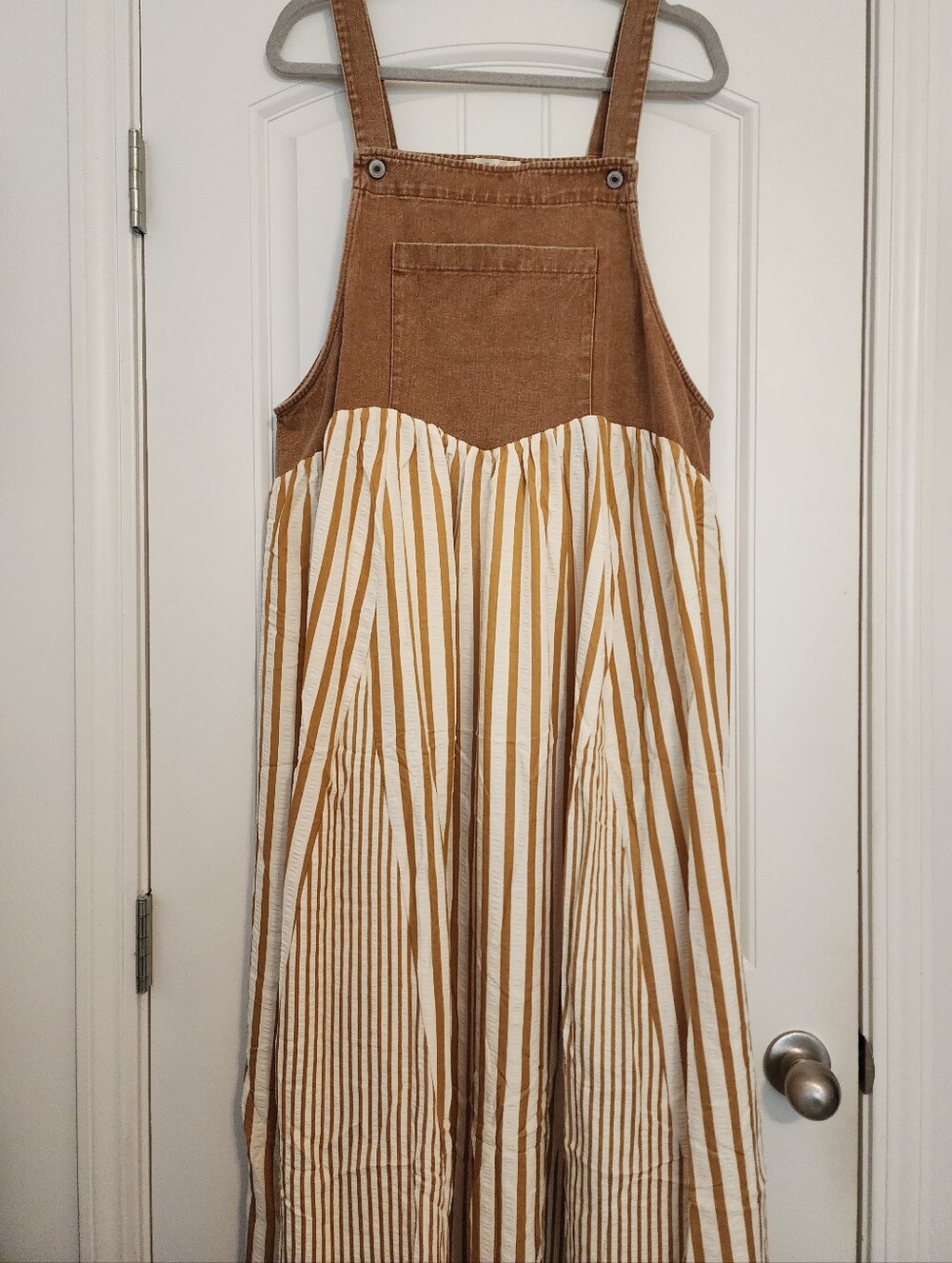 Oddi Brown Acid Washed Overalls Dress Cream Tan Stripe NWT 2XL Boho Fun Sporty